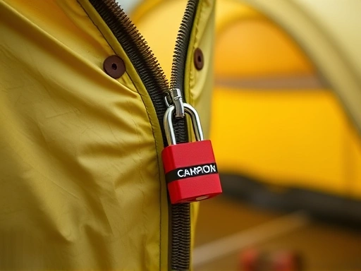 A close-up shot of a durable camping lock securing a tent zipper, with a background of a secure camp area, highlighting physical security and theft prevention.