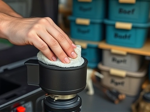 Close-up shot of a person carefully wiping down a camping stove, with organized storage bins in the background. Focus on cleanliness and meticulous maintenance of camping equipment. SEO keywords: camping stove cleaning, meticulous maintenance, gear upkeep, outdoor living.