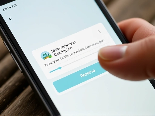Close-up on a smartphone screen showing a notification for a newly available camping slot, with a finger quickly tapping to reserve it.