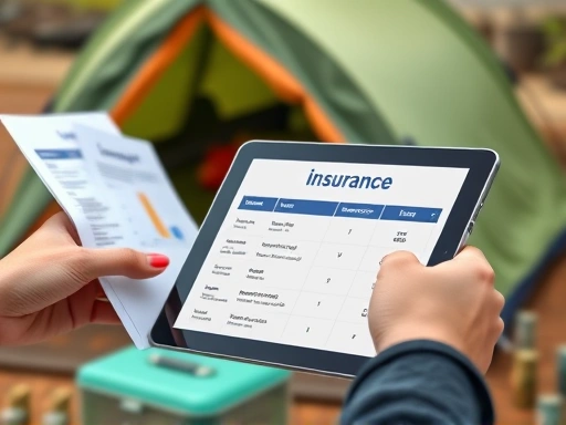 Close-up of hands comparing different insurance policy documents or a tablet displaying insurance options, with a blurry background of camping gear or a tent, emphasizing choice and financial planning.