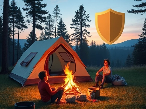A peaceful campsite scene with a tent, campfire, and happy campers, subtly showing safety and preparation, with elements of insurance forms or a subtle protective shield in the background, daytime, realistic, vibrant colors.