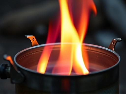 Close-up shot of a multi-fuel camping stove flame, showing controlled, efficient burning, with a small pot, highlighting fuel-saving camping gear.
