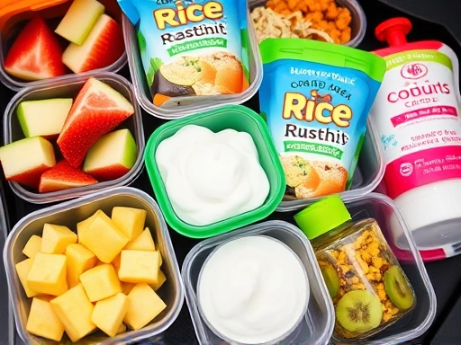 Close-up of a variety of healthy, portable baby snacks like fruit slices, rice rusks, and yogurt pouches, neatly packed in small, colorful containers, ready for a camping trip for baby food.