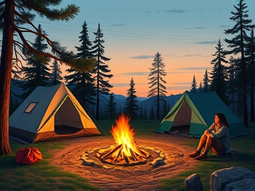 A detailed, realistic illustration of a serene campsite at dusk, with tents pitched, a safe campfire contained in a fire pit, and campers quietly enjoying the moment, emphasizing peace and proper etiquette. Nature is pristine.