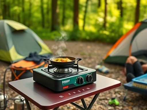 A vibrant outdoor camping scene with a modern portable gas burner on a foldable table, cooking a delicious pot of stew, surrounded by camping gear and lush green trees.