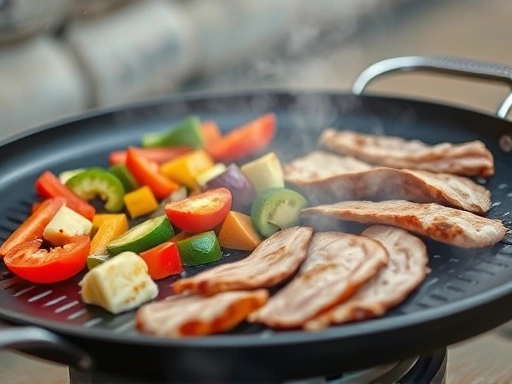 Close-up of a griddle pan on a portable burner, sizzling with colorful vegetables and sliced meat, showing steam rising and perfectly cooked textures.