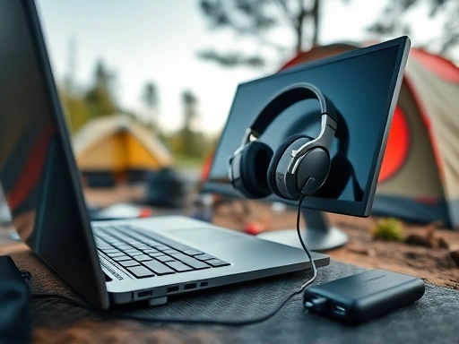 Close-up of a digital nomad's organized mobile workspace at a campsite, featuring a durable laptop, a portable monitor, noise-cancelling headphones, and a fully charged power bank, with a tent partially visible in the blurred background.