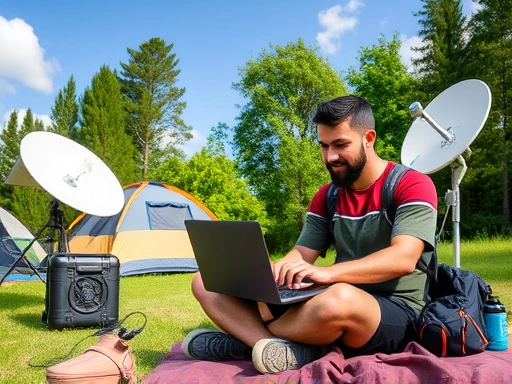 A vibrant digital nomad working on a laptop at a beautiful campsite, with a portable power station and a starlink dish nearby, surrounded by lush green trees and a clear sky.