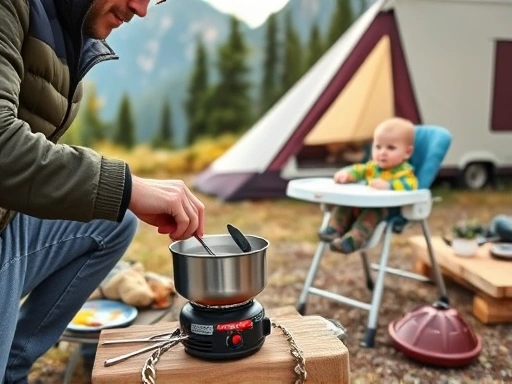 A parent gently heating pre-made baby food on a small portable camping stove amidst a picturesque, family-friendly campsite, with a baby in a high chair, showing camping baby food preparation.