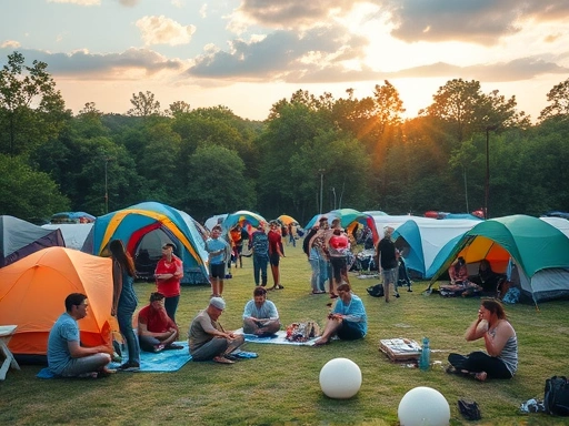 A vibrant camping festival scene with diverse campers enjoying music and nature, incorporating 
