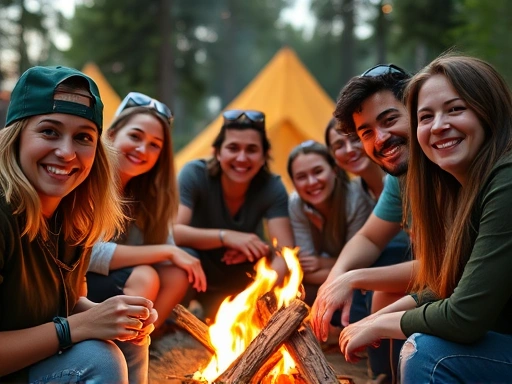 Close-up of a diverse group of friends smiling around a campfire at a camping festival, showing details of camping gear and 