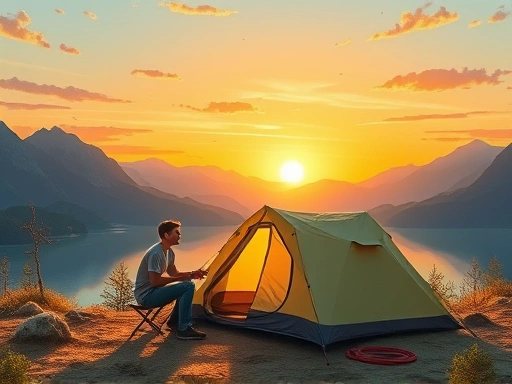 A detailed, realistic illustration of a couple setting up a tent in a beautiful, serene overseas camping site at sunset, with mountains and a clear lake in the background, showing preparation and adventure.