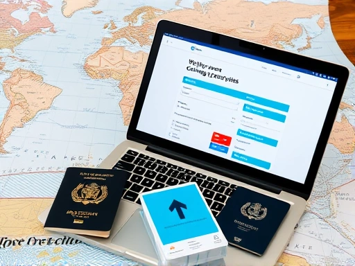 Close-up of a detailed map and an open laptop showing a camping reservation website, with a passport and international driving permit next to them, representing the detailed planning process for overseas camping.