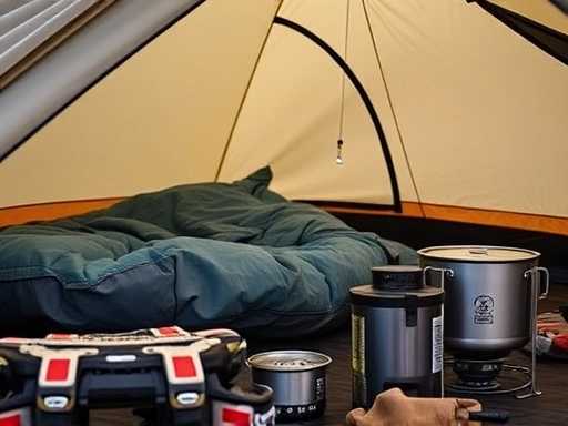 Close-up of essential camping gear like a sturdy tent, sleeping bag, and a simple cooking setup, highlighting functionality over aesthetics, with a focus on safety tools for campers.
