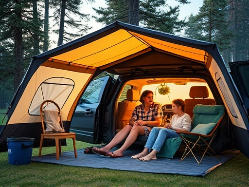 A comfortable auto camping setup with a modern tent, car nearby, family relaxing, and amenities, highlighting ease and luxury.