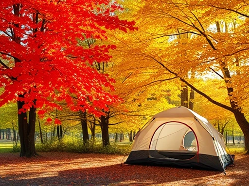 A serene autumn camping scene with vibrant red and yellow maple trees, a cozy tent, and soft sunlight, illustrating the beauty of a successful reservation.