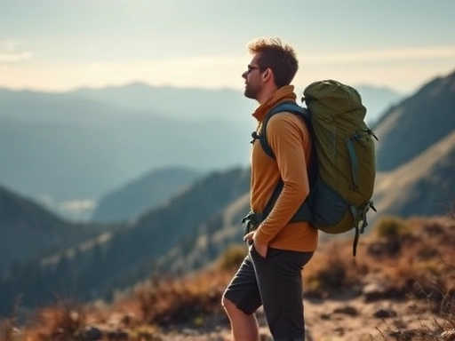 A backpacker with an ultralight backpack standing on a mountain trail, looking lightweight and agile, with scenic mountain backdrop and bright sky.