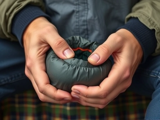 Close-up shot of hands carefully folding and compressing ultralight backpacking gear like a sleeping bag or tent into a small compression sack, emphasizing efficiency and minimalism.