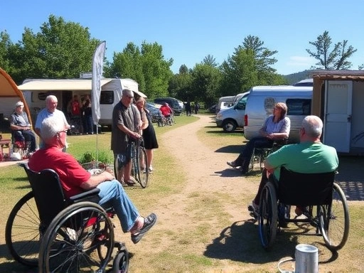 A diverse group of people, including individuals in wheelchairs, enjoying a serene, accessible campsite with wide, flat pathways and accessible facilities under a clear sky.