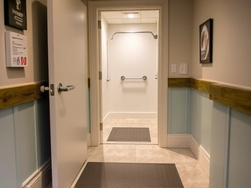 A close-up view of an accessible campsite facility, showing a wide doorway, grab bars in a restroom, and a smooth, level pathway, highlighting safety and convenience.