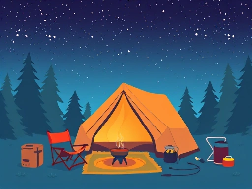 A vibrant illustration of a minimalist, cozy campsite with essential, budget-friendly gear, like a small tent, folding chair, and a simple cooking setup, under a starry night sky.