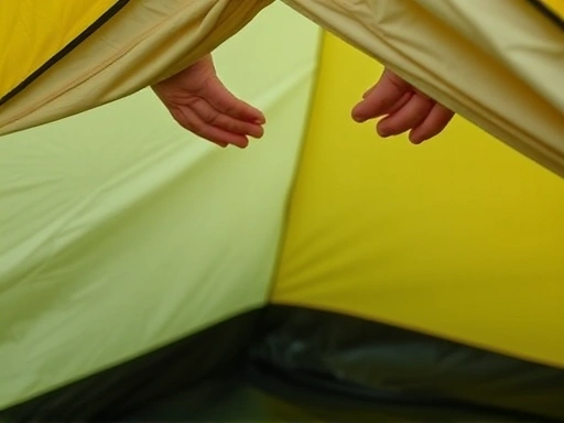 Close-up shot of hands carefully inspecting a used but functional camping tent, highlighting the importance of inspecting second-hand gear for budget camping.