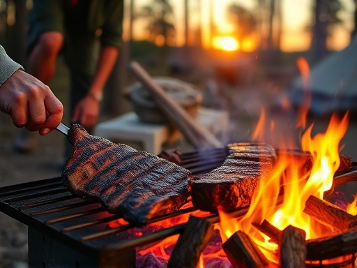 A skilled camper expertly controlling charcoal fire on a grill, grilling thick meat with perfect searing, set against a backdrop of a beautiful, warm sunset camp, evoking delicious aromas and outdoor ambiance. The scene should be dynamic and inviting, highlighting the mastery of heat.