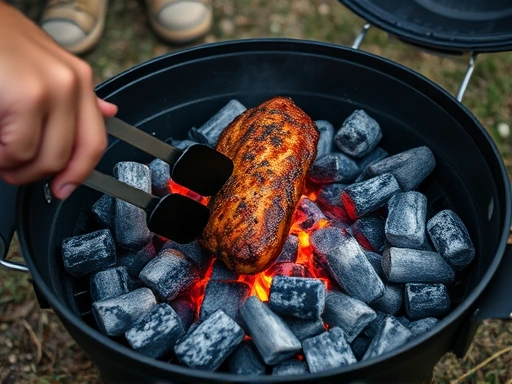 A close-up shot of hands using tongs to adjust charcoal briquettes inside a portable camping grill, creating distinct zones for high and low heat, with sizzling meat on the grate above, focusing on the careful adjustment of heat for optimal grilling.