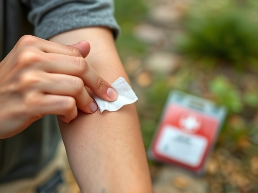 Close-up of a person's hand carefully applying an antiseptic wipe to a small cut on another person's arm, with a first aid kit visible in the slightly blurred background, emphasizing immediate care in a natural setting.
