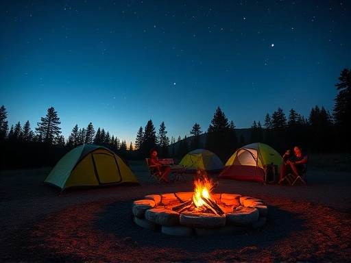 A peaceful campground scene at dusk, with tents set up under starry sky, highlighting safe fire practices with a well-maintained fire pit and campers enjoying responsibly.
