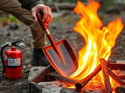 A close-up shot of a camper properly extinguishing a campfire using water and a shovel, ensuring no embers remain, with a portable fire extinguisher nearby.
