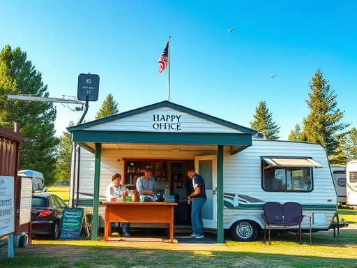 An organized campground office with staff helping a happy camper, representing clear and friendly communication under a clear sky.