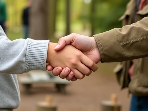Close-up of two hands shaking, one belonging to a camper and the other to a campground staff member, symbolizing agreement and mutual respect.