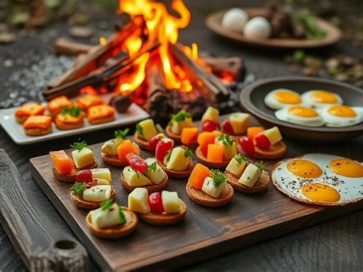 A close-up shot of various delicious and quick camping snacks, like canapes, cheese fruit skewers, and scramble eggs, laid out on a rustic wooden table by a campfire, emphasizing ease and flavor.
