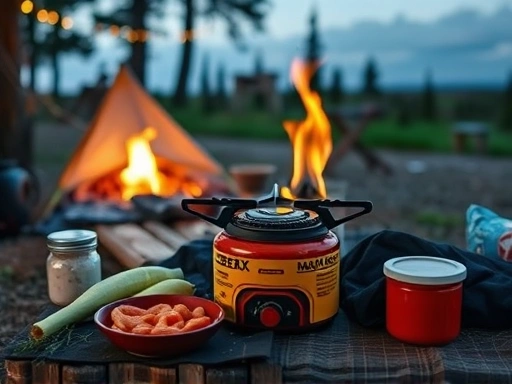 A cozy evening campsite scene with a portable gas stove and basic ingredients, highlighting the simplicity and speed of preparing delicious, quick snacks for a relaxing night.
