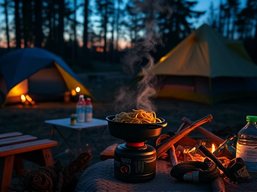 A cozy campsite scene at dusk, with a person cooking anchovy noodles on a portable stove, steam rising, warm lighting, and camping gear around.