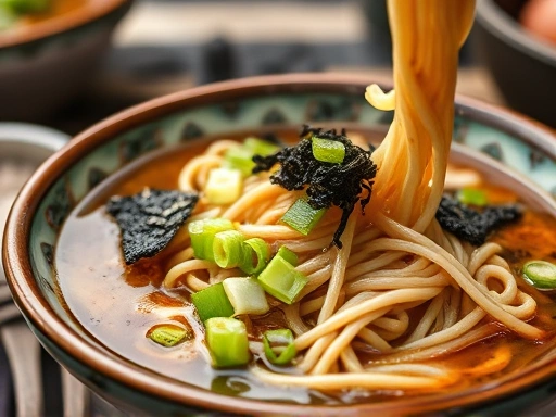Close-up of a steaming bowl of delicious anchovy noodles with green onions and seaweed flakes at a campsite, showing the rich broth and perfectly cooked noodles.