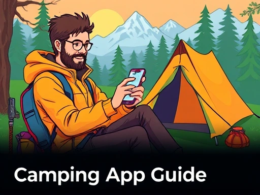 A vibrant illustration of a camper using a smartphone app to plan a trip, surrounded by camping gear, tent, and nature background, highlighting digital convenience in the wilderness, with text 