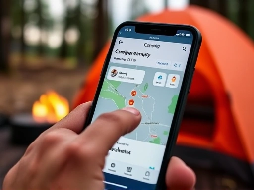 A close-up shot of a smartphone screen displaying a camping reservation app interface with map details, showing a finger tapping on a campsite, with a blurred background of a tent and natural scenery, emphasizing ease of use and specific features.