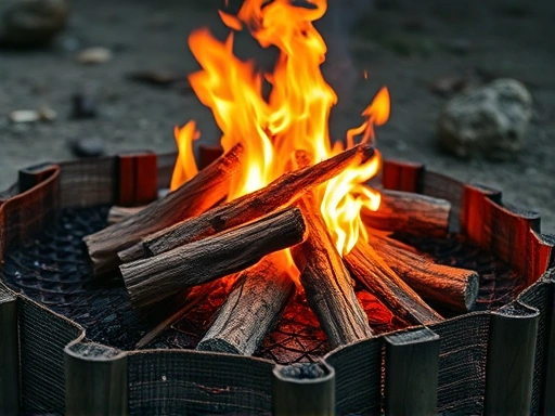 A close-up shot focusing on a well-maintained campfire in a fire pit, with small flames and no stray embers, surrounded by clear ground, emphasizing campfire safety and responsibility.