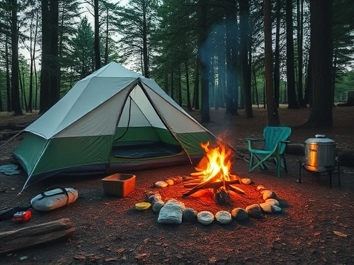 A detailed wide shot of a neatly organized campsite with a tent, cooking area, and campfire, showing proper outdoor etiquette and preparation, peaceful atmosphere, no people.
