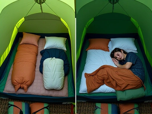 A side-by-side comparison of different camping beds in a tent, highlighting their comfort levels and packed sizes, with various campers enjoying rest.