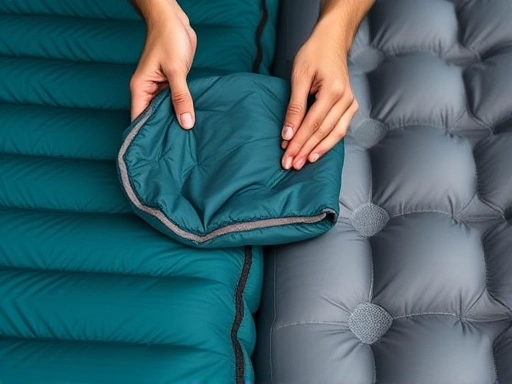Close-up view of hands effortlessly folding a lightweight sleeping pad next to a deflated air mattress, emphasizing compact storage and portability.