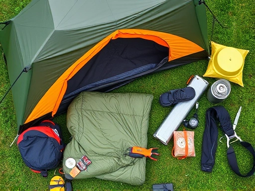 A detailed top-down shot of various camping gears including a large tent, a low-quality sleeping bag, and complex cookware, scattered on green grass, emphasizing unnecessary clutter for beginners.