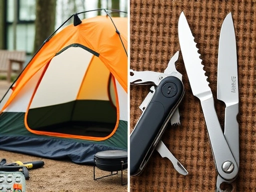 A close-up shot of a small, compact camping tent and a versatile yet simple cooking set, contrasted with a detailed view of a basic multi-tool next to a standard kitchen knife, highlighting essential gear for beginners.