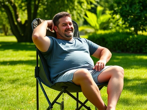 A person of average build sits comfortably in a high-back camping chair in a green, sunny outdoor setting, demonstrating good posture and relaxation. The chair is stable and well-supported.