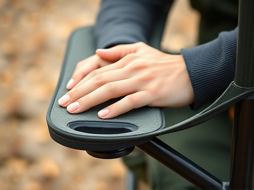 Close-up of a person's hands resting on a camping chair's armrest, showing proper ergonomic positioning. Focus on the fabric texture and frame joint for durability.
