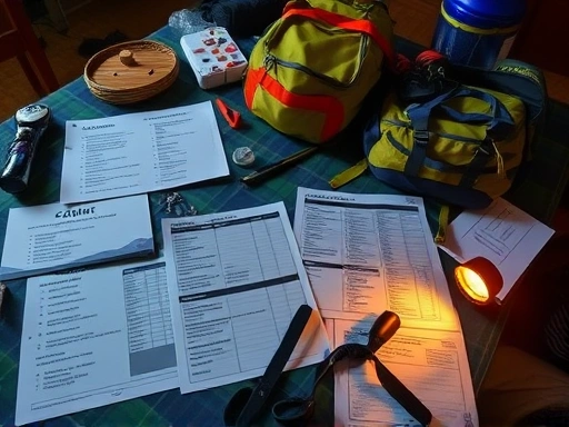 A meticulously organized camping checklist spread out on a table the night before a trip, with categorized gear bags and a flashlight, emphasizing preparation and excitement.