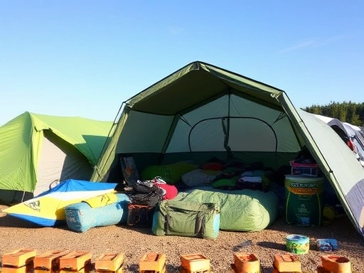 A neatly organized camping site with packed tents and equipment under a clear sky, showing efficient check-out preparation.