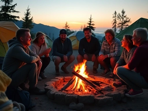A diverse group of campers gathered around a campfire at dusk, sharing stories and laughter, with various camping gear visible in the background, embodying community and outdoor life.